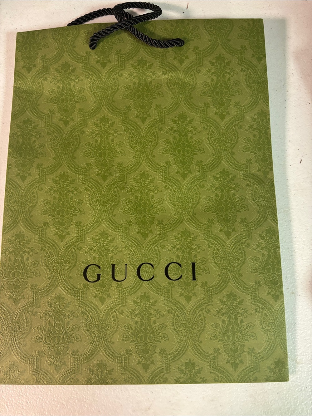 Gucci Olive Green Patterned Gift Bag with Black Rope Handles